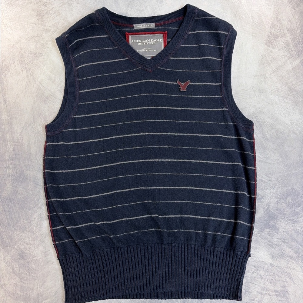 Vintage American Eagle Sweater Vest Mens L Blue Striped Cotton Wool V-Neck Logo